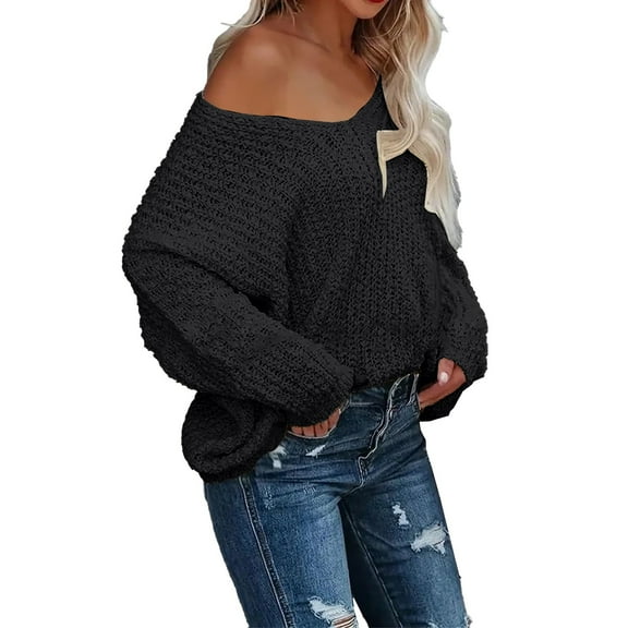 Women's Off The Shoulder Hollow Knit Pullover Sweater, Loose Lightweight Soft Breathable V Neck Long Sleeve Solid Color Top for All Seasons Casual Wear, Layering Comfort and Versatile Styling Black M
