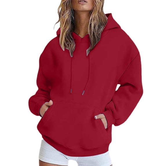 Women's Shoulder Hooded Sweatshirt Fleece Lined Winter Warm Pullover Solid Candy Colors Soft Polyester Fabric