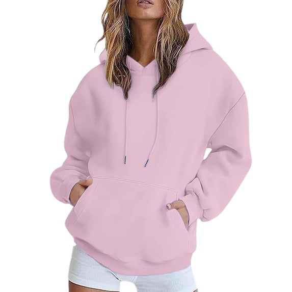Women's Shoulder Hooded Sweatshirt Fleece Lined Winter Warm Pullover Solid Candy Colors Soft Polyester Fabric