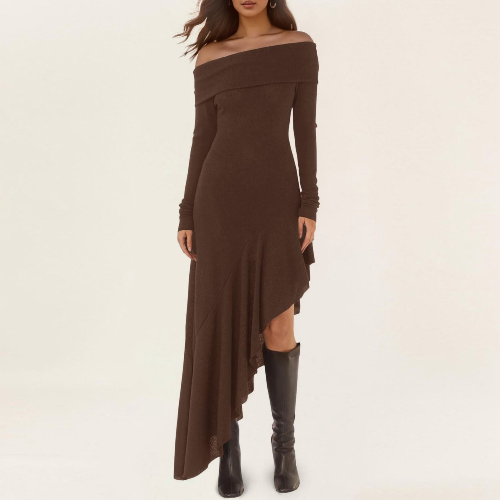 Long Sleeve Inclined Shoulder Maxi Dress