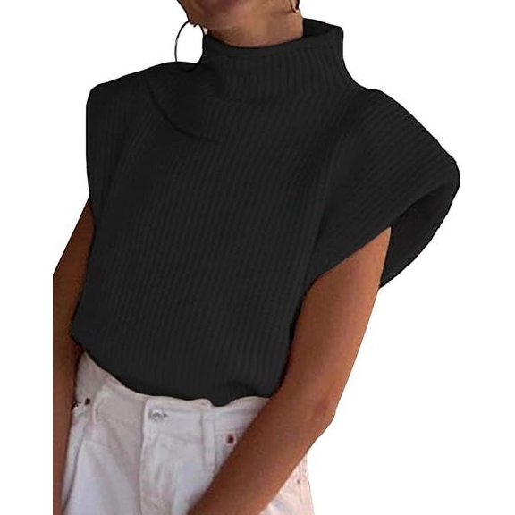 Women's Shoulder Pad Sweater Sleeveless Turtleneck Wide Shoulder Knitted Sweater Vest Chic Crop Neutral Top