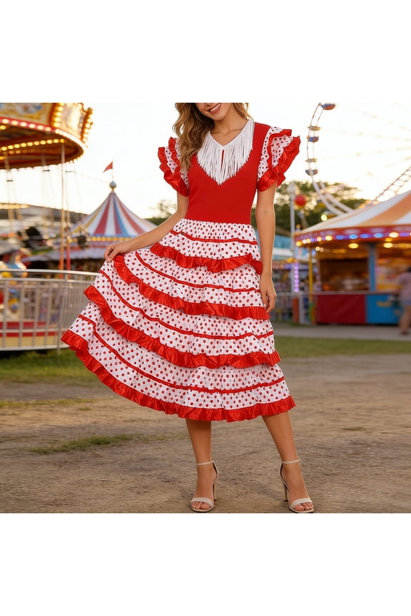 Women's Off Shoulder Ruffled Flowy Spanish Festival Dance Dress Elegant Stage Performance Carnival Comfortable Wear Spring Summer Dresses For Women White S