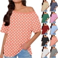 thumbnail image 1 of Women's Off Shoulder Slanted Neck Short Sleeve Tops Shirts Blouses Loose Fit Printed Casual Daily Wear Vacation Beach Party Night Out Fashion Essential Gift for Ladies | CSEONE,Light Blue XL, 1 of 9