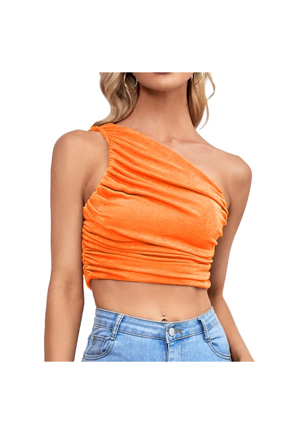 Women's Shoulder Sleeveless Crop Top Ruched Strappy Tank Slim Fit Going Out Blouses