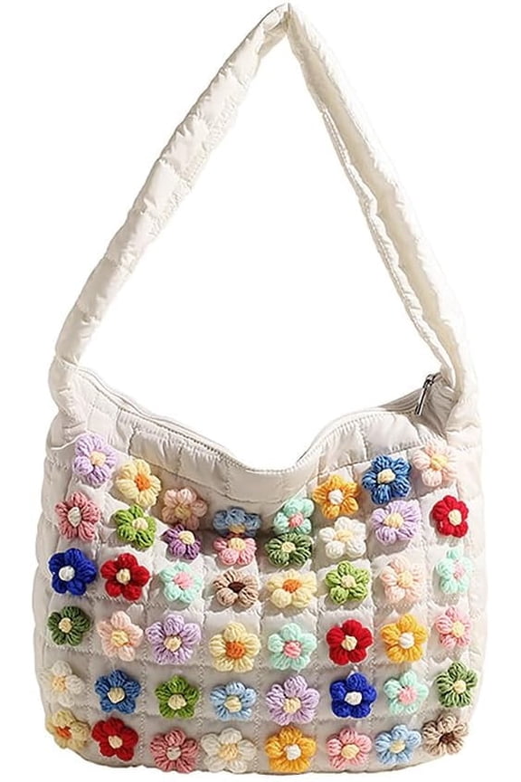 Women's Shoulder Small Floral Embellished Quilted Crossbody Lightweight Large Fluffy Handbag Purse