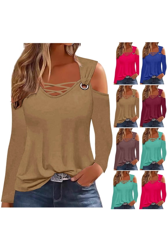 Women's Off Shoulder Solid Color Long Sleeve Top Tops Shirts Blouses Crew Neck Loose Fit Casual Daily Wear Vacation Party Night Out Perfect Fashion Forward Statement Piece Ideal Gift for Her