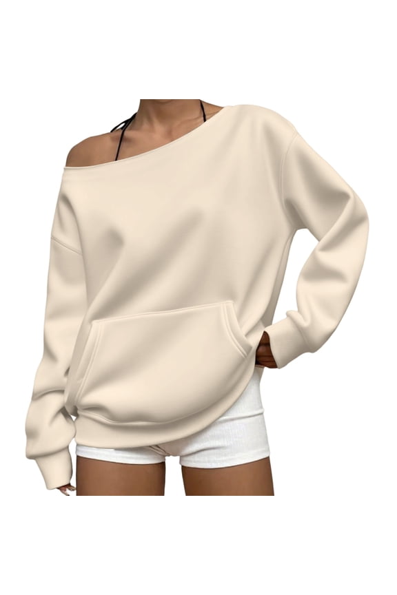 Women's Off Shoulder Sweatshirt with Pockets, Oversized Fleece Long Sleeve Pullover Top for Casual Comfort Wear, Street Fashion, Daily Activities, Gym Yoga Running and Spring Fall Winter Khaki L