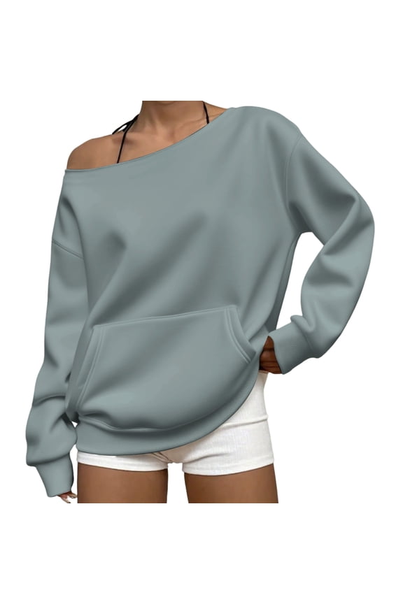 Women's Off Shoulder Sweatshirt with Pockets, Oversized Fleece Long Sleeve Pullover Top for Casual Comfort Wear, Street Fashion, Daily Activities, Gym Yoga Running and Spring Fall Winter Mint Green L
