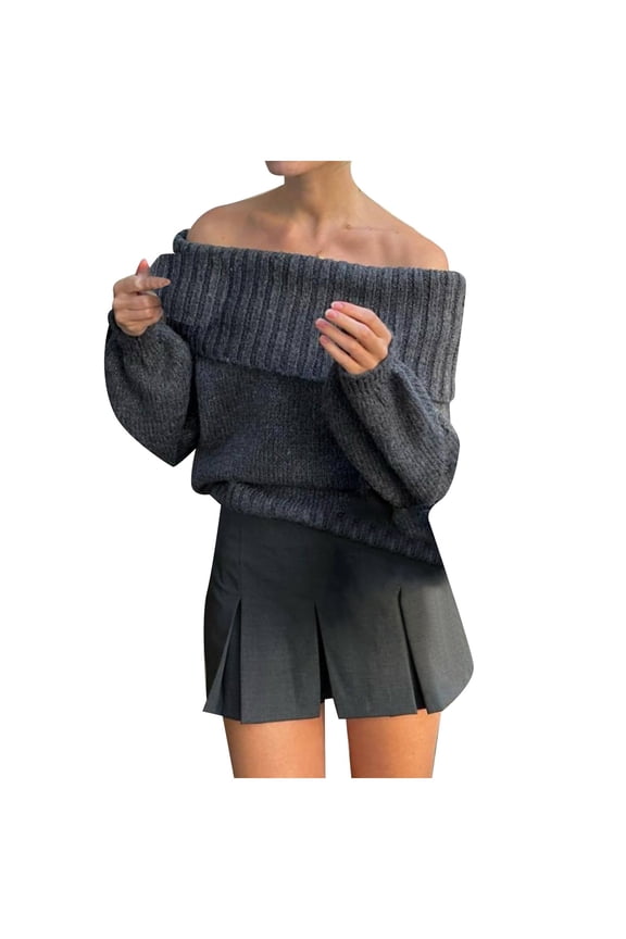 Women's Off Shoulder Turtleneck Sweater - Premium Yarn Blend, Flirty Design, Winter Warmth, Figure-Flattering Fit, Solid Color Palette, Pullover Style