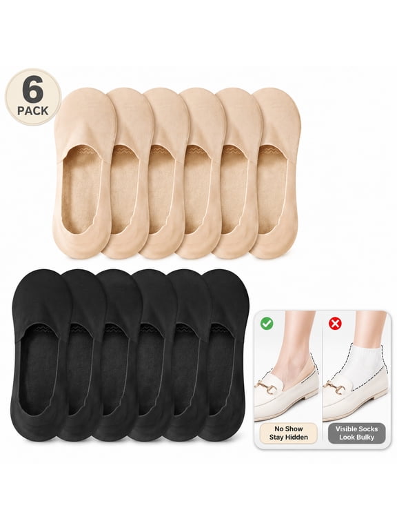 Women's No Show Socks 6-Pack - Ultra Thin Breathable Low Cut Invisible Liner Socks with Anti-Slip Silicone Grips for Sneakers & Flats (US Shoe Size 5-9, Seamless Toe)