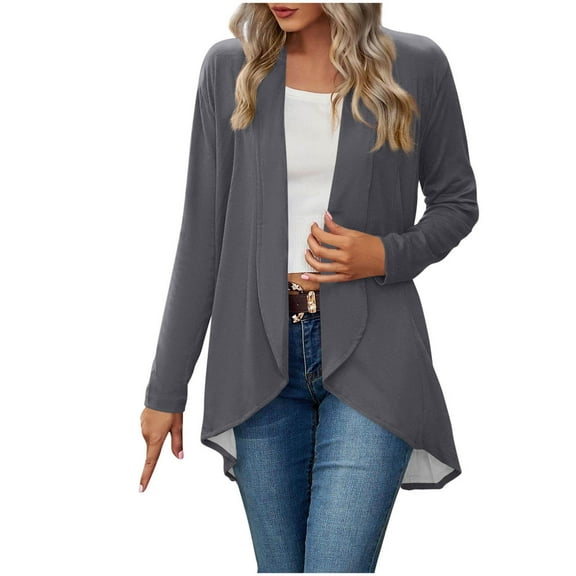 Women's Shrugs Cardigan Long Sleeve Lightweight Thin Casual Tops Solid Color Loose Cover Up Outwear with Pockets Gray XL