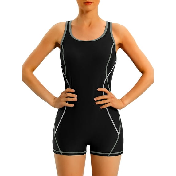 Women's Side Accents One Piece Athletic Swimsuit Boyleg Bathing Suit