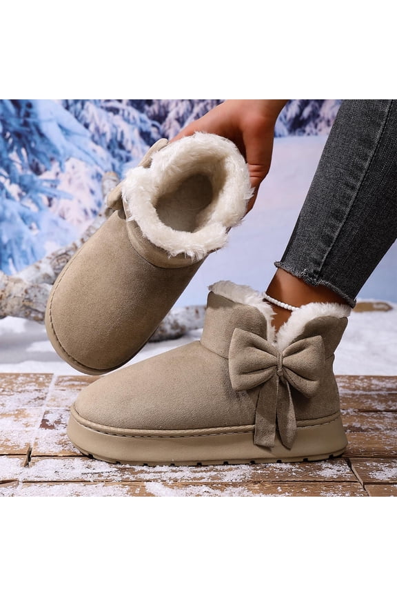 Women's Side Bow Short Ankle Boots Thick Platform Fully Fleece Lined Suede Round Toe Rugged Anti-Slip Outsole for Cold Outdoor Street Walking, Snow Boots for Women Khaki 10