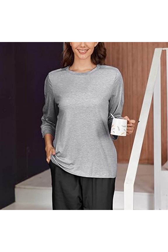 Women's Side Buckle Detail T-Shirt, Round Neck Long Sleeve Loose Fit Top, Adjustable Casual Blouse for Day Out or Layering, Light Gray - M