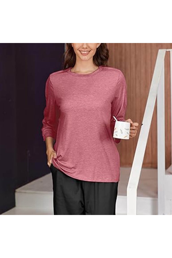 Women's Side Buckle Detail T-Shirt, Round Neck Long Sleeve Loose Fit Top, Adjustable Casual Blouse for Day Out or Layering, Red - L