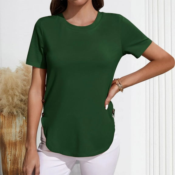 Women's Side Buckles Shirts Curved Hem Basic Tee Short Sleeves Crewneck Tops Casual Outfits