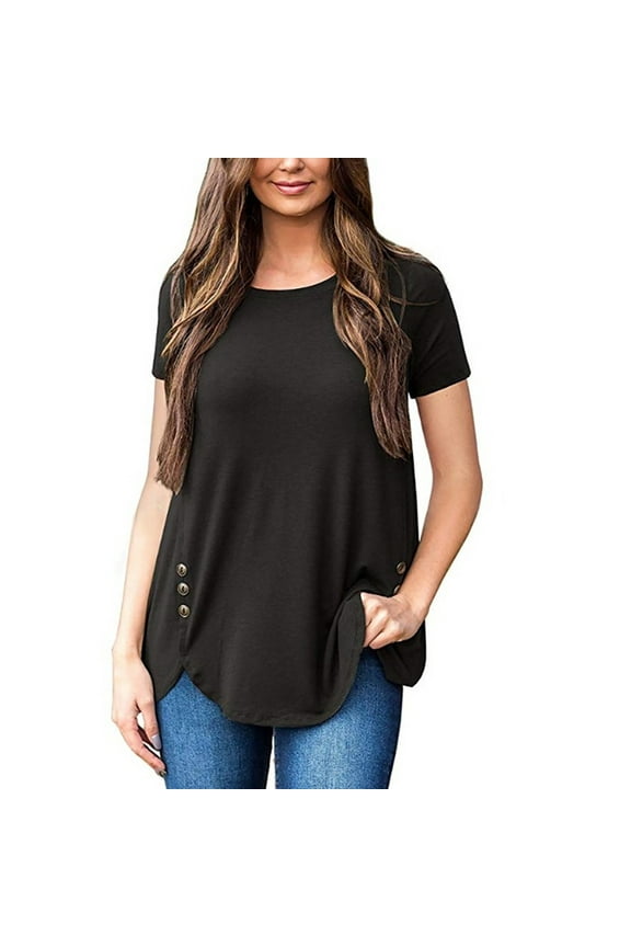 Women’s Side Button Detail Tee, Round Neck Short Sleeve Curved Hem Loose Fit Casual Top, S-XXL