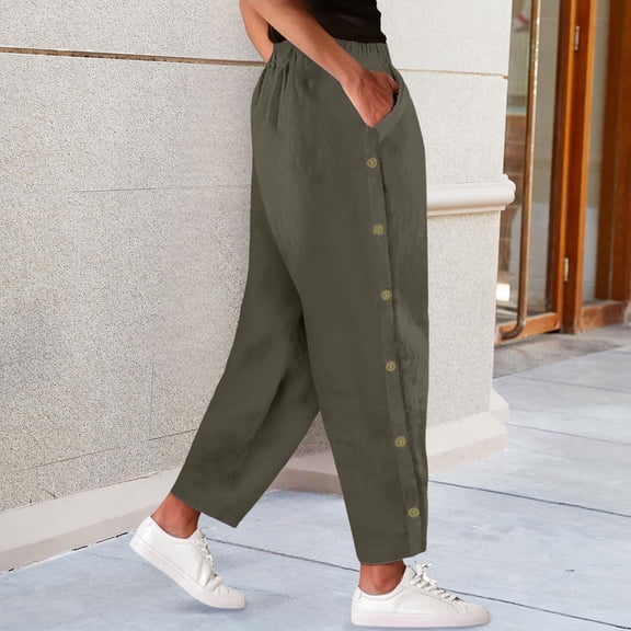 Womens Pants Women's Side Button Pockets Solid Color Mid Waist Cotton Linen Casual Slacks Casual Pants Women