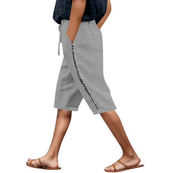Women's Side Lace Hollow Cropped Pants - Solid Color Drawstring Casual Shorts with Pockets (2)