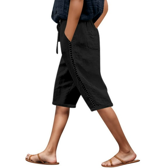Women's Side Lace Hollow Cropped Pants - Solid Color Drawstring Casual Shorts with Pockets (2)