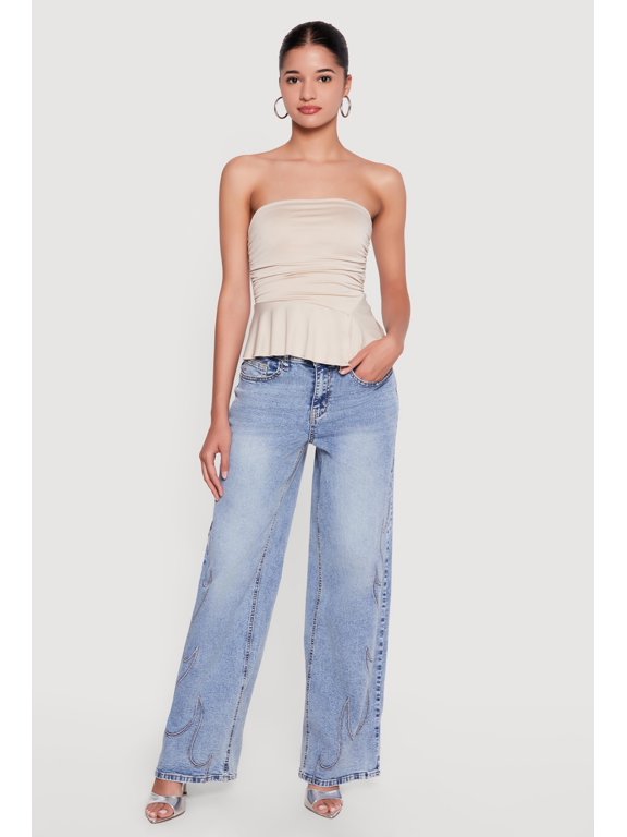 Women's Side Ruched Ruffle Trim Peplum Crop Top