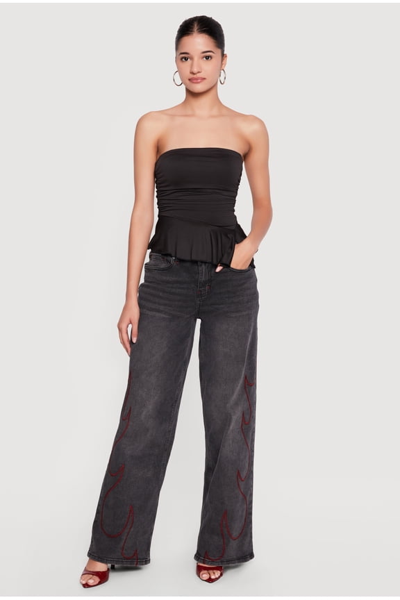 Women's Side Ruched Ruffle Trim Peplum Crop Top