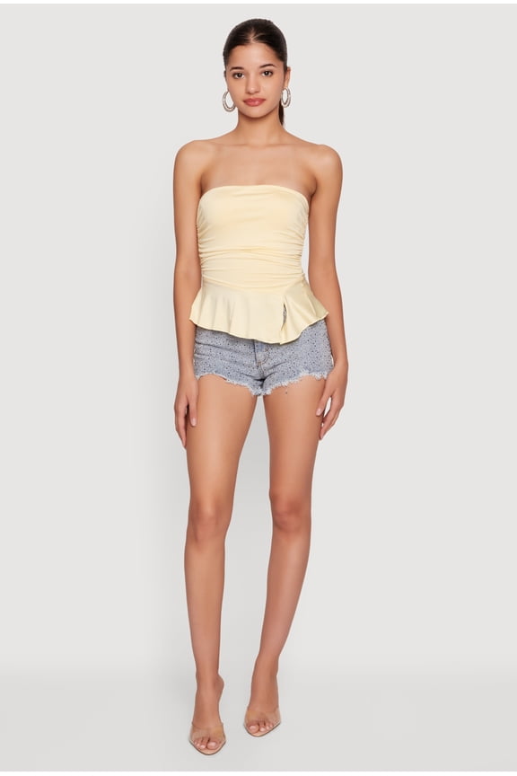 Women's Side Ruched Ruffle Trim Peplum Crop Top
