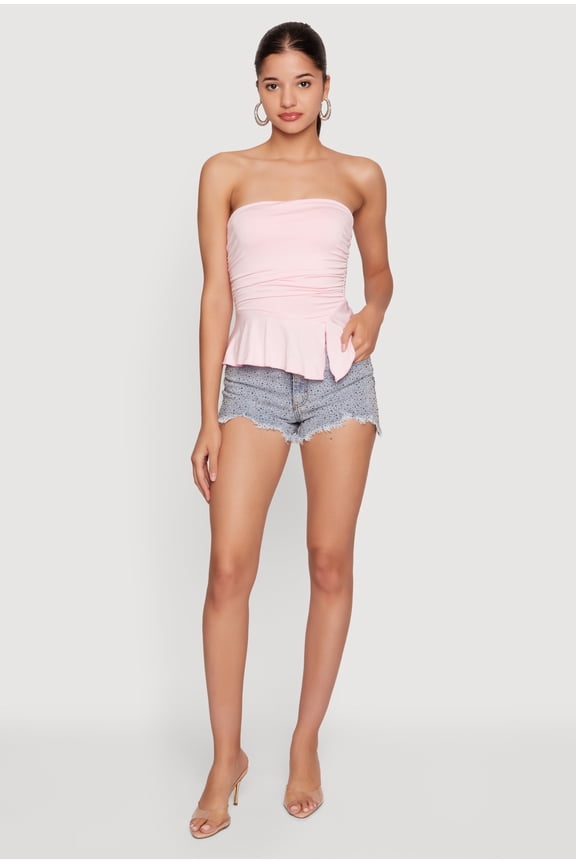 Women's Side Ruched Ruffle Trim Peplum Crop Top