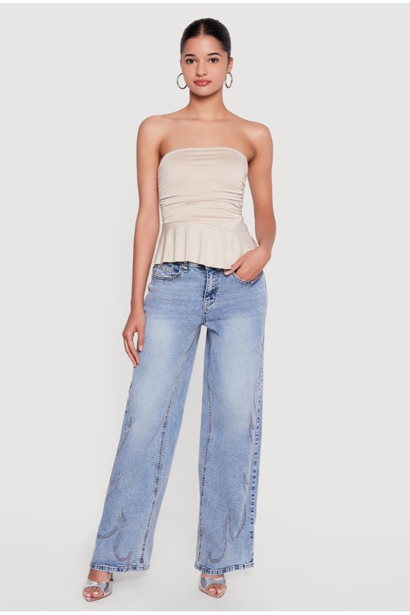 Women's Side Ruched Ruffle Trim Peplum Crop Top