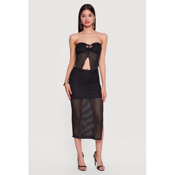 Women's Side Slit Crochet Overlay Midi Skirt