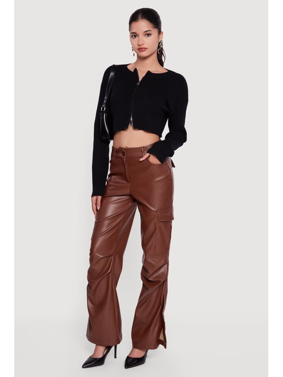 Women's Side Slit Faux Leather Flare Leg Dress Pants