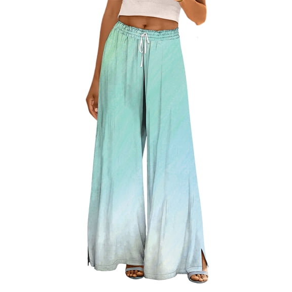 Women's Side Slit Ombre Wide Leg Pants, Flowing Casual Trousers with Gradient Color and Split Hem, Loose Comfortable Pocket Design for Beach Wear and Four-Season Daily Use Mint Green XXL