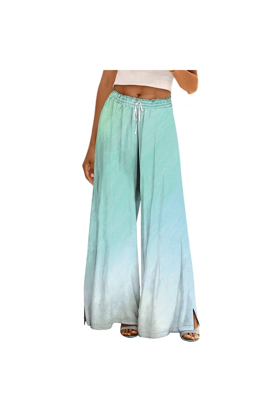 Women's Side Slit Ombre Wide Leg Pants, Flowing Casual Trousers with Gradient Color and Split Hem, Loose Comfortable Pocket Design for Beach Wear and Four-Season Daily Use Mint Green XXL