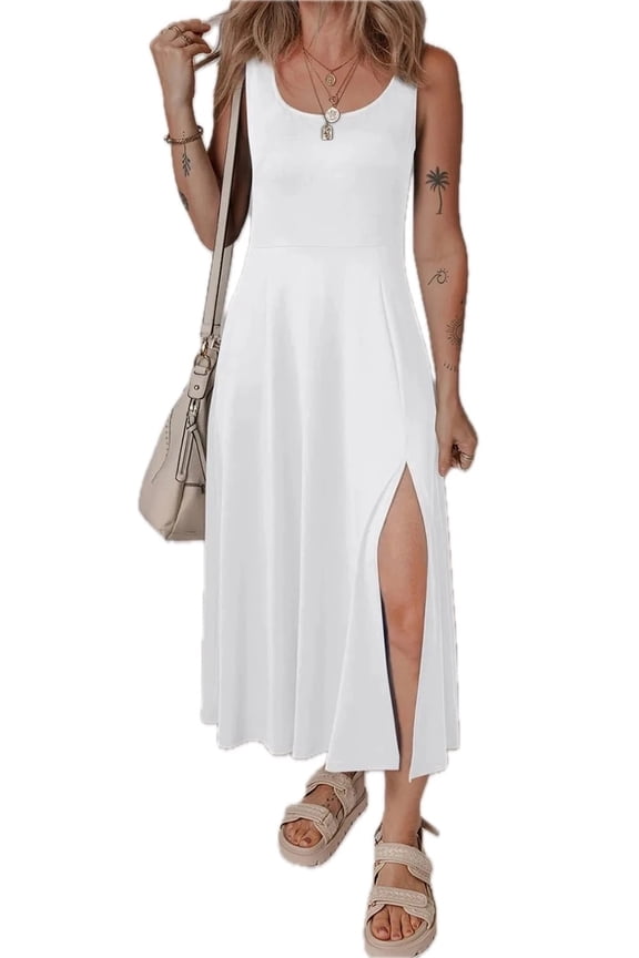 Women's Side Slit Scoop Neck Wide Strap Dress Ninety Five Percent Polyester and Five Percent Elastane Easy Care Comfort