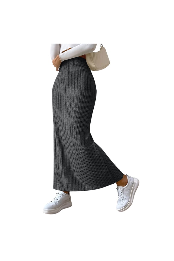Women's Side Slit Skirts Ribbed Knit Bodycon High Waisted Casual Long Skirts Stretchy Trendy Maxi Skirts for Women