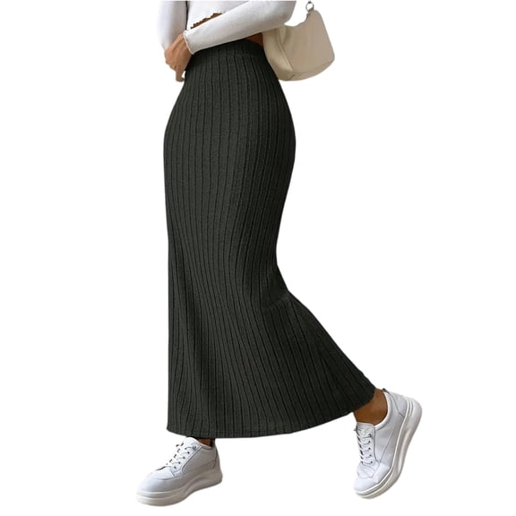 Women's Side Slit Skirts Ribbed Knit Bodycon High Waisted Casual Long Skirts Stretchy Trendy Maxi Skirts for Women