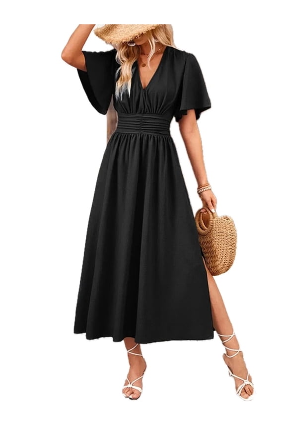 Women's Side Slit Surplice Flutter Sleeve Midi Dress 95% Polyester 5% Spandex Opaque Body Not Lined Care Wash Cold