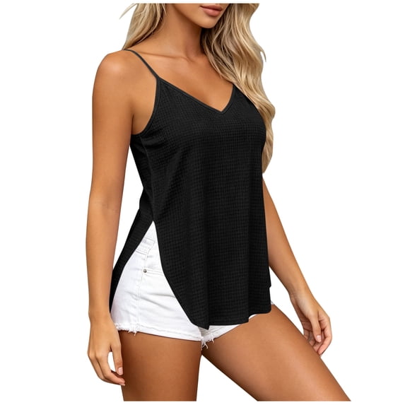 Women's Side Slit Textured Camisole Summer Petite V-Neck Sleeveless Tank Top Airy Adjustable Strap Beach Travel Tops Black