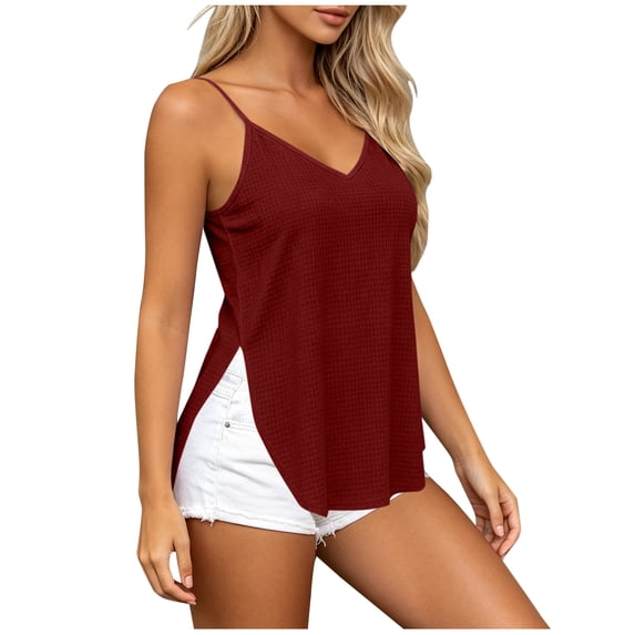 Women's Side Slit Textured Camisole Summer Petite V-Neck Sleeveless Tank Top Airy Adjustable Strap Beach Travel Tops Wine