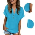 thumbnail image 1 of Women's Side Slit V-Neck Top Button Detail Short Sleeve Modern Casual Tee Blue XXL, 1 of 9