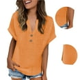 thumbnail image 1 of Women's Side Slit V-Neck Top Button Detail Short Sleeve Modern Casual Tee Orange L, 1 of 9