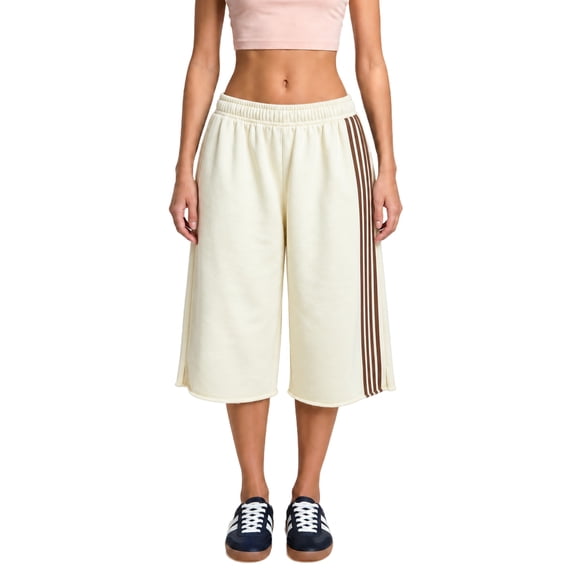 Women’s Side Stripe Elastic Waist Long Bermuda Sweat Shorts Loose Wide Leg Mid‑Calf Cropped Capri Shorts Casual Streetwear L