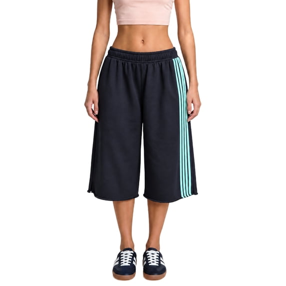 Women’s Side Stripe Elastic Waist Long Bermuda Sweat Shorts Loose Wide Leg Mid‑Calf Cropped Capri Shorts Casual Streetwear M