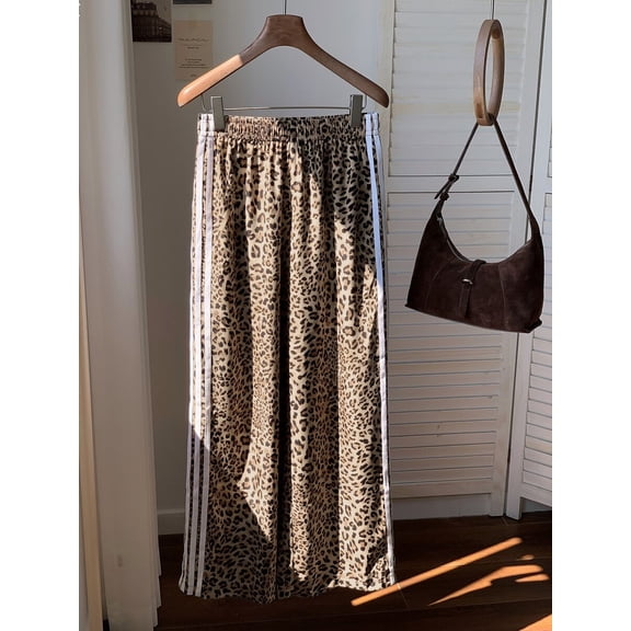 Women's Side Stripe Leopard Pants, Elastic Waist Loose Fit Sweatpants for Going Out & Casual Wear