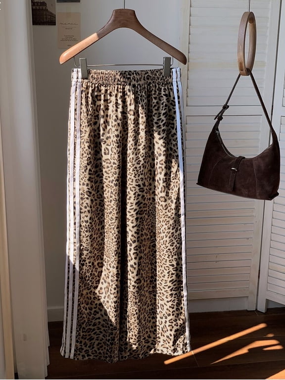 Women's Side Stripe Leopard Pants, Elastic Waist Loose Fit Sweatpants for Going Out & Casual Wear