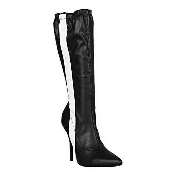 Women's Side Stripe Pointy Toe Stretchy Stiletto Knee High Boots - Black Leatherette (Size: 6.5)