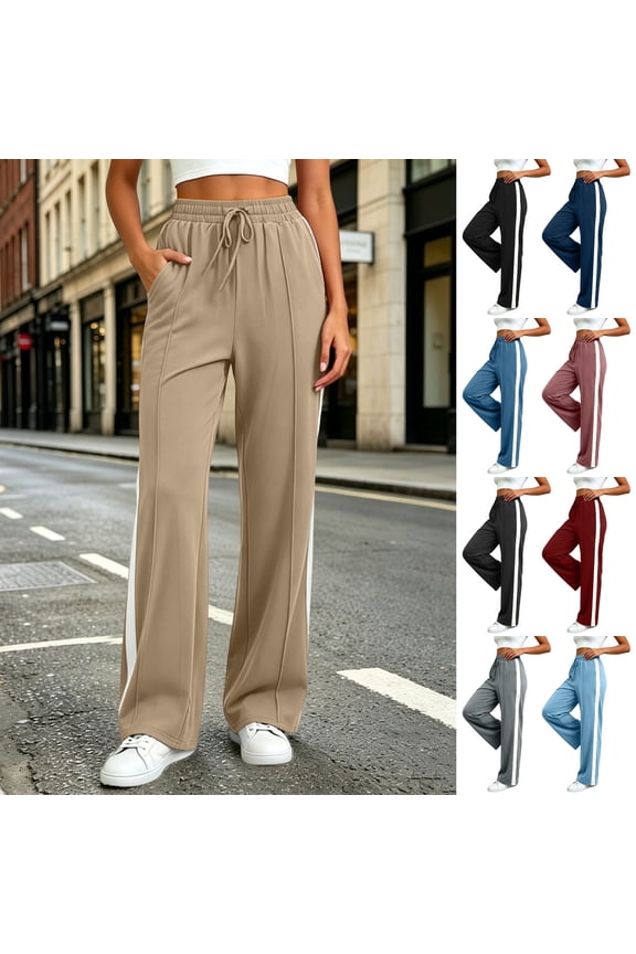 Women's Side Stripe Wide Leg Sweatpants, Breathable Durable Drawstring Elastic Waist Full Length Polycotton Casual Trousers with Pockets for Daily Office Travel | TruBelle,Army Green M