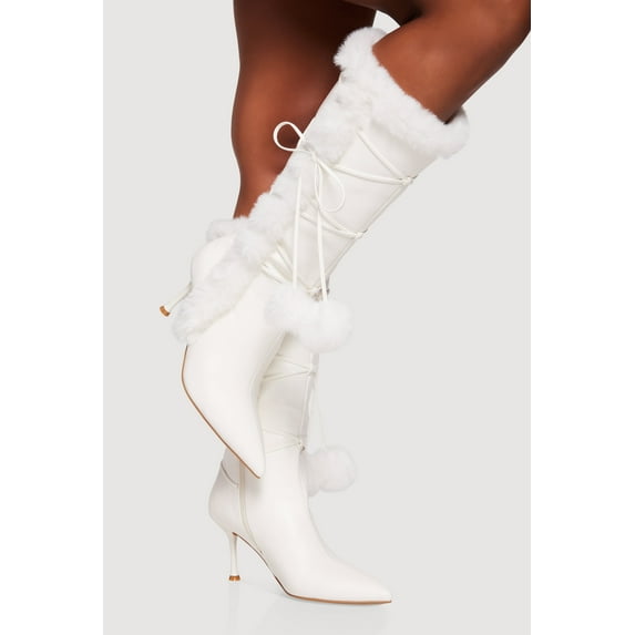 Women's Side Zip Faux Fur Pom Pom Stiletto Boots