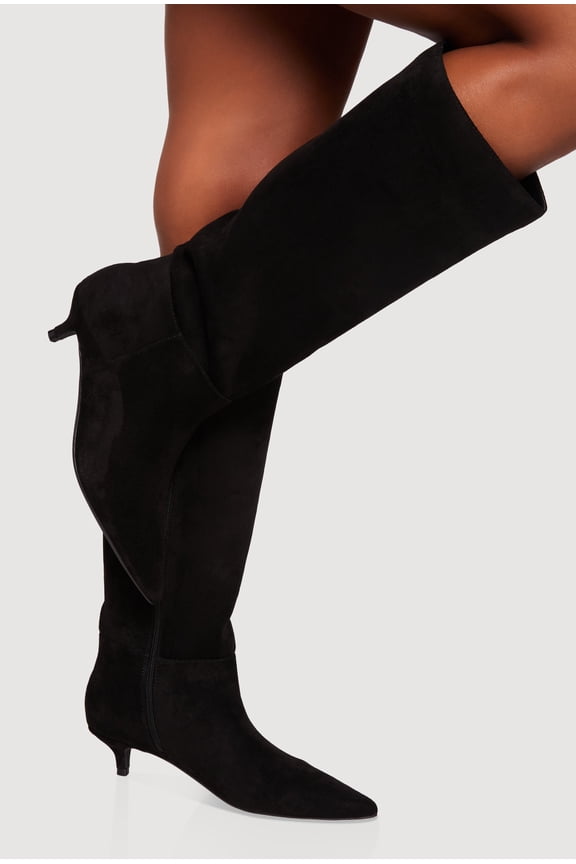 Women's Side Zip Pointed Toe Kitten Heel Knee High Boots