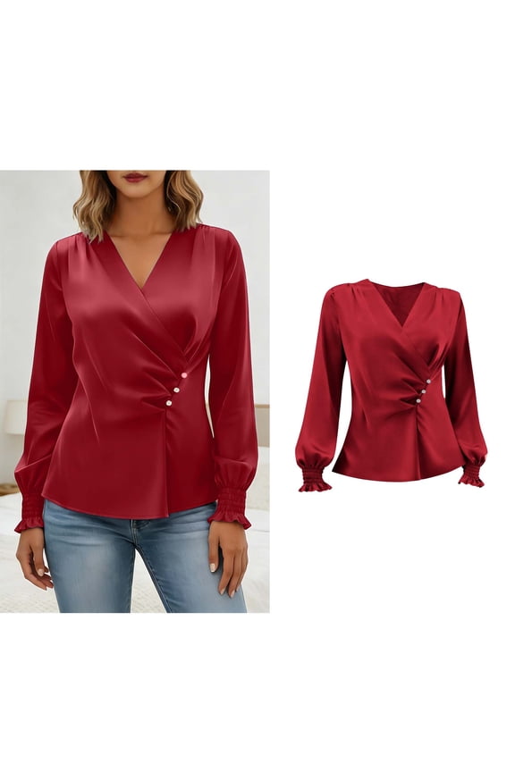 Women's Silk Blouse Long Sleeve Red Blouse V Neck Tops Work Tops for Women